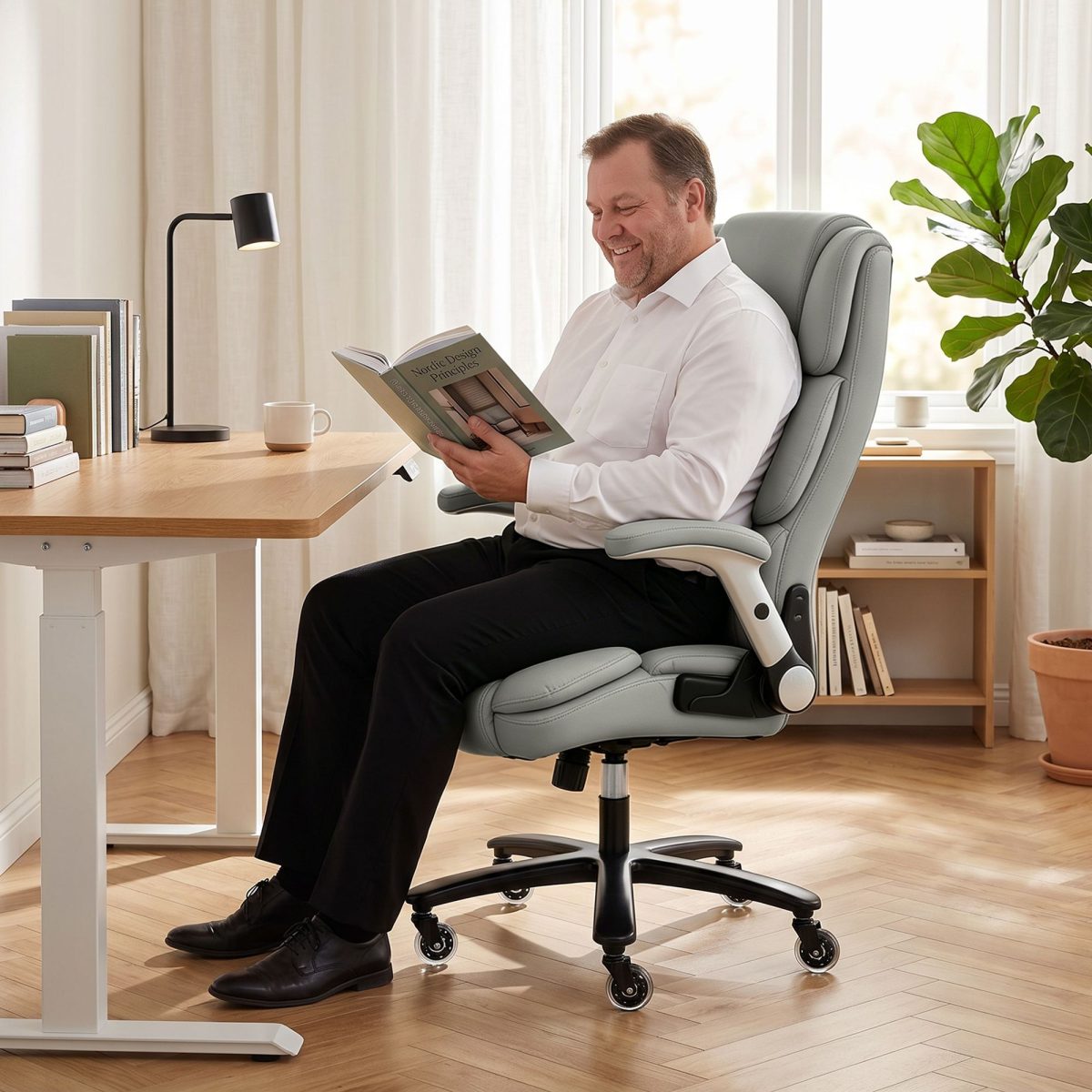 Big and Tall Office Chair with Airbag Lumbar Support, Pet-Friendly Fabric Desk Chair with Flip-Up Armrests, Light Gray - Image 8