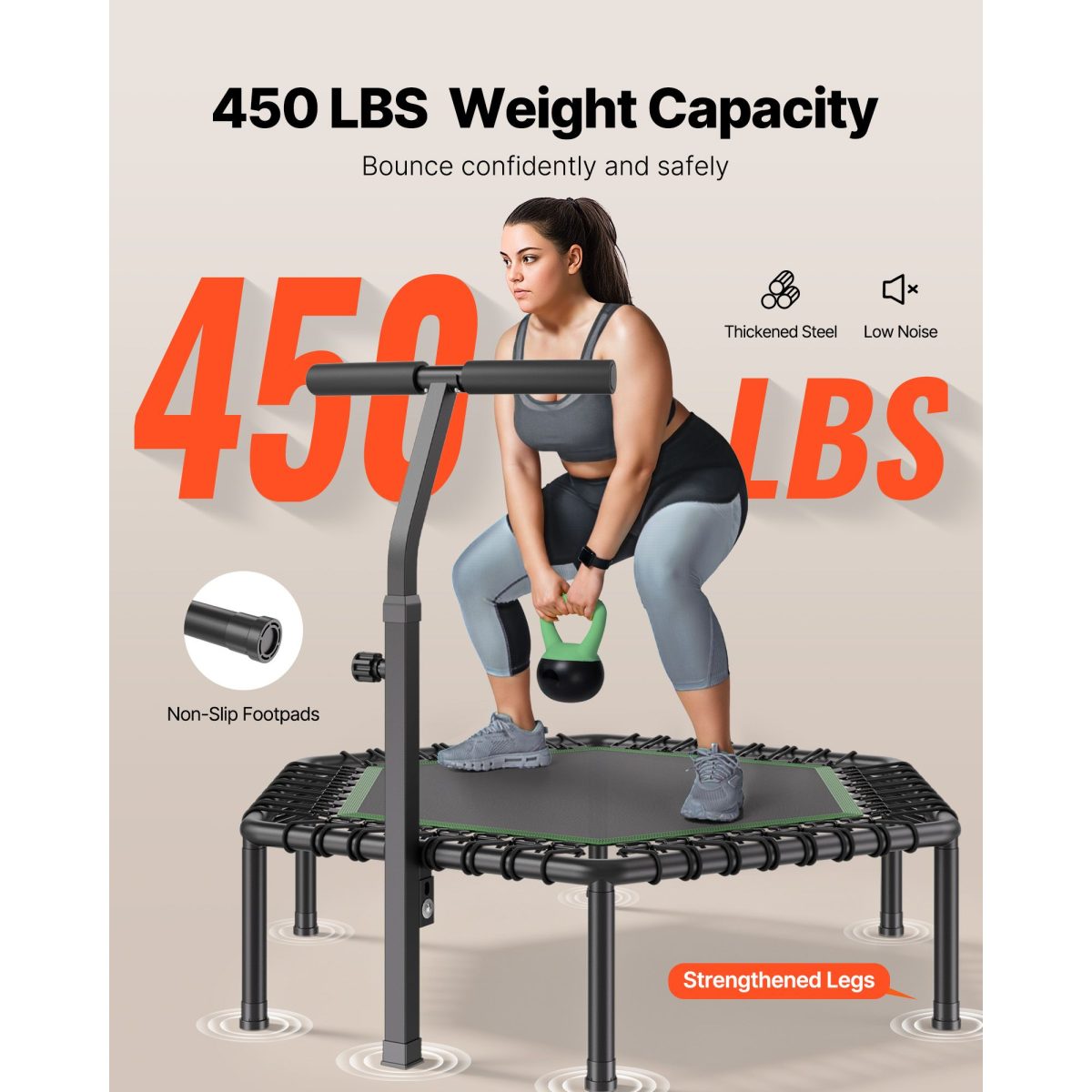 54.5 Inch Mini Trampoline, 450 lbs Max Load Fitness Rebounder, Stable & Quiet Small Trampoline with 3 Levels Height Adjustable & Foam Handle, Exercise Rebounder for Adults Indoor/Garden Workout - Image 2