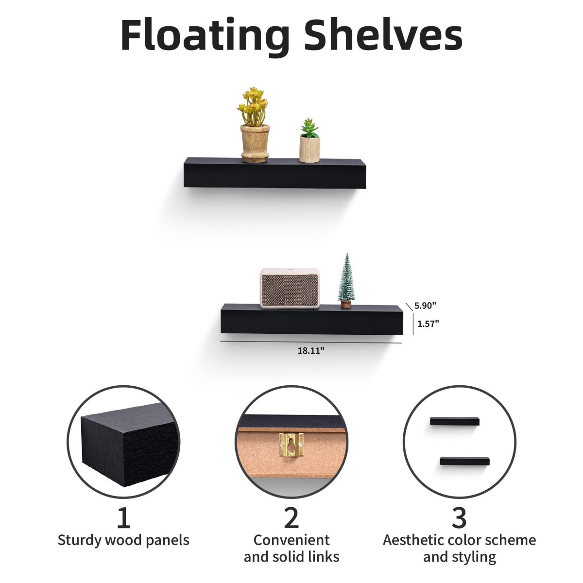Floating Shelves 18.11" Wall Mounted Wood Shelves for Bathroom, Bedroom, Living Room, Kitchen, Hanging Shelf for Books/Storage/Decor with Invisible Brackets, Built-in LED Lighting, Black - Image 10