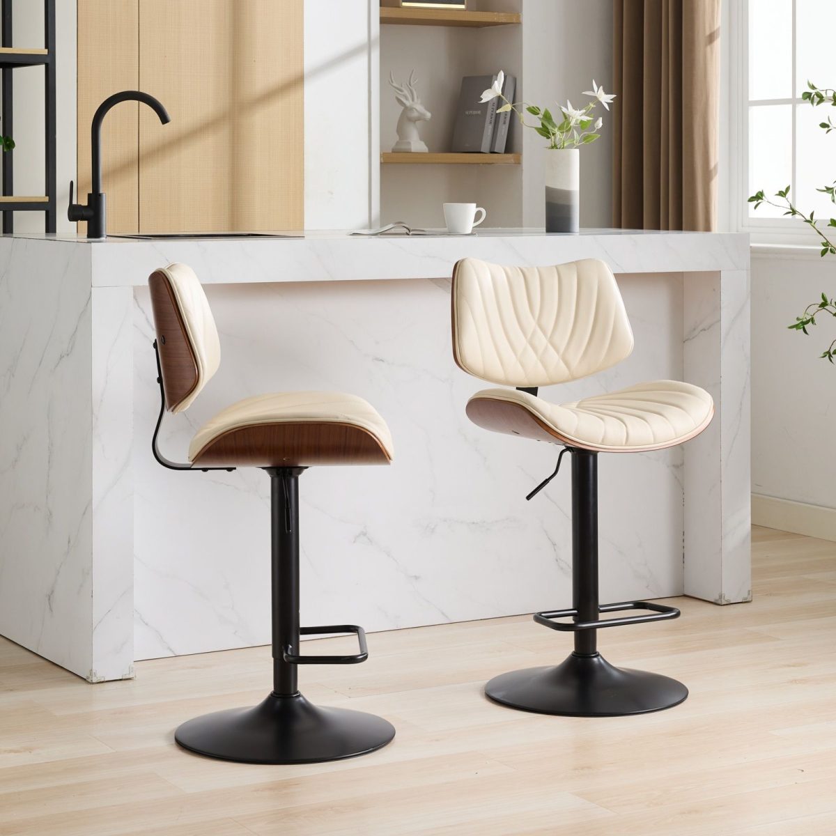 Walnut Bentwood Bar Stools Mid Century Modern Adjustable Counter Height Black Leather Upholstered 360°Swivel Bar Chairs for Kitchen Island/Dining Room/Cafe,Beige,Set of 2 - Image 17