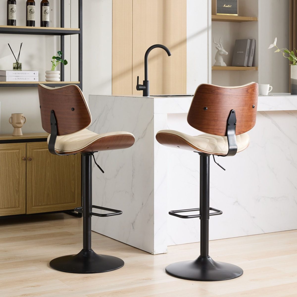 Walnut Bentwood Bar Stools Mid Century Modern Adjustable Counter Height Black Leather Upholstered 360°Swivel Bar Chairs for Kitchen Island/Dining Room/Cafe,Beige,Set of 2 - Image 20