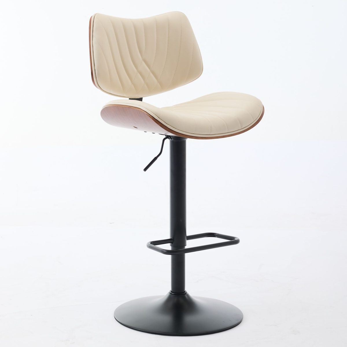 Walnut Bentwood Bar Stools Mid Century Modern Adjustable Counter Height Black Leather Upholstered 360°Swivel Bar Chairs for Kitchen Island/Dining Room/Cafe,Beige,Set of 2 - Image 3