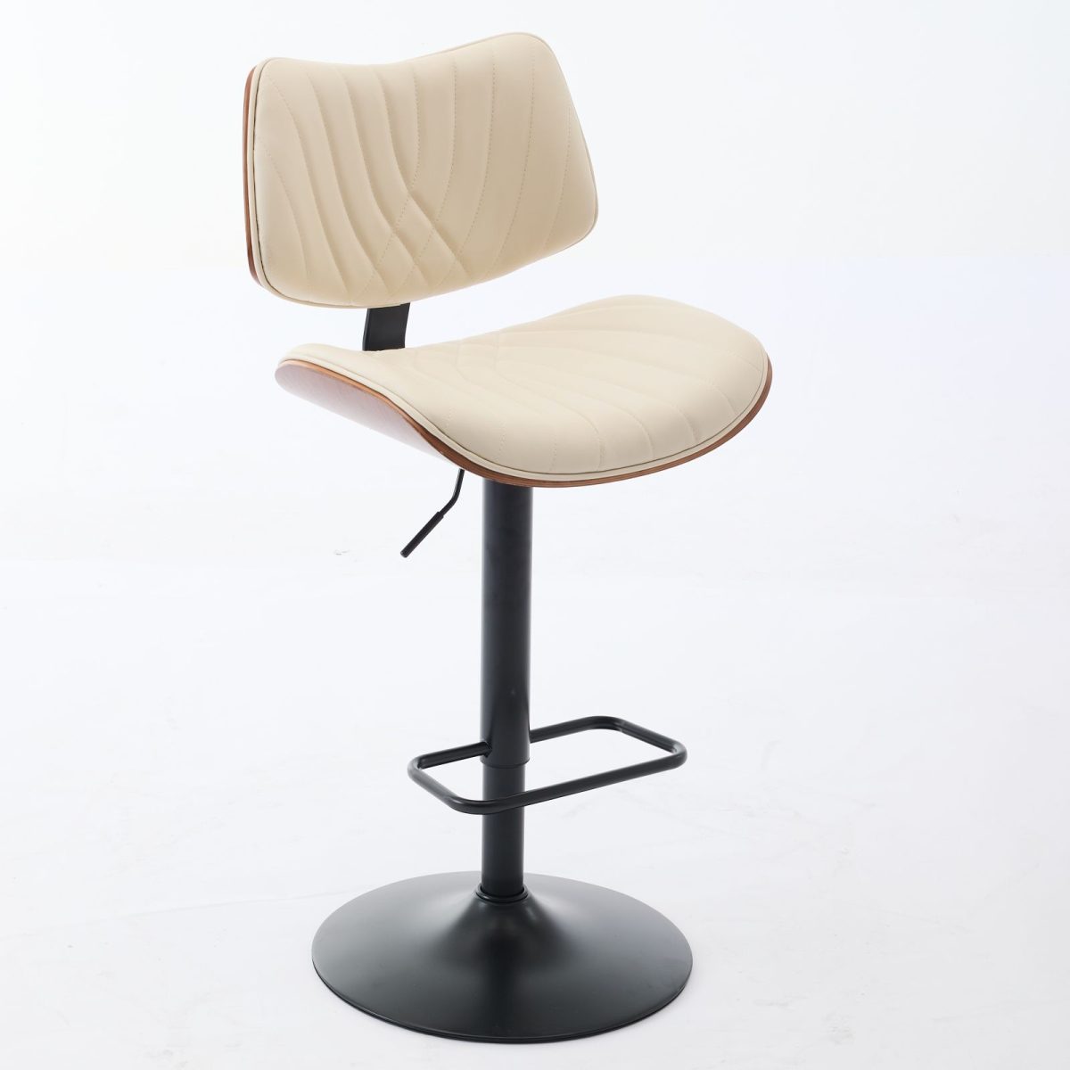 Walnut Bentwood Bar Stools Mid Century Modern Adjustable Counter Height Black Leather Upholstered 360°Swivel Bar Chairs for Kitchen Island/Dining Room/Cafe,Beige,Set of 2 - Image 4
