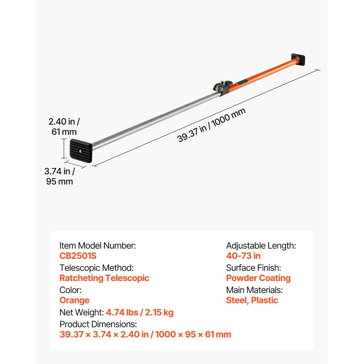 Cargo Bar, Ratcheting Cargo Bar Adjustable from 40" to 73", Heavy-duty Steel Cargos Stabilizer with Non-Slip Foot Pads, Telescoping Load Lock Bars Stop Sliding for SUVs, Sedans - Image 5