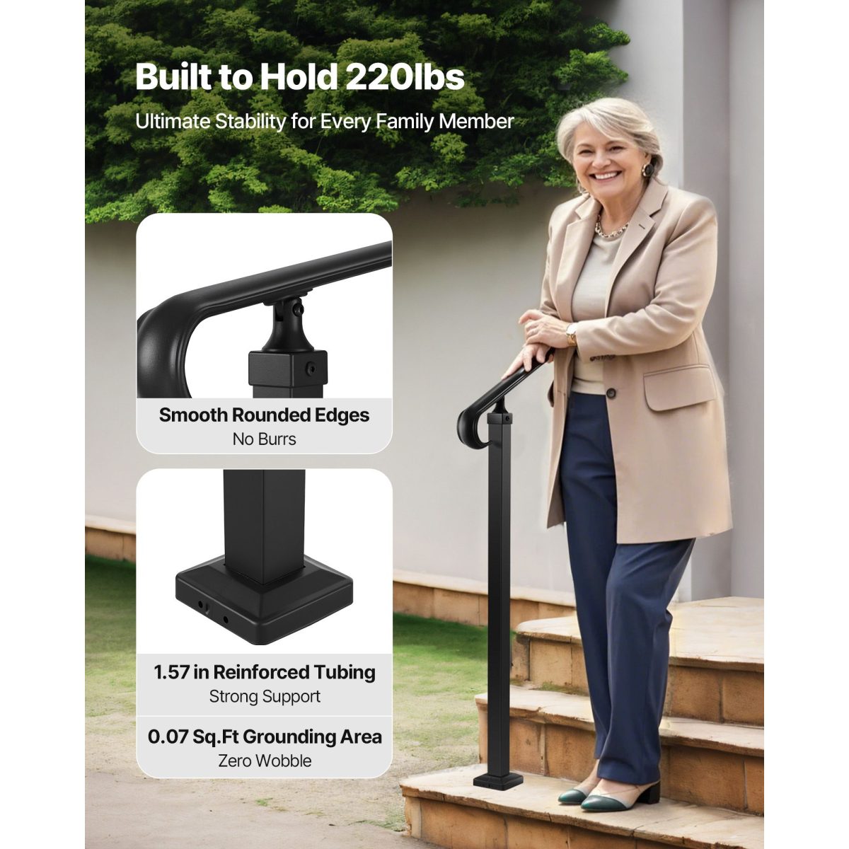Handrails for Outdoor Steps, 2-3 Step Adjustable Height, Carbon Steel Transitional Handrail with Installation Kit, Exterior Hand Railing for Steps, Concrete or Wooden Stairs, Porch, Matte Black - Image 7