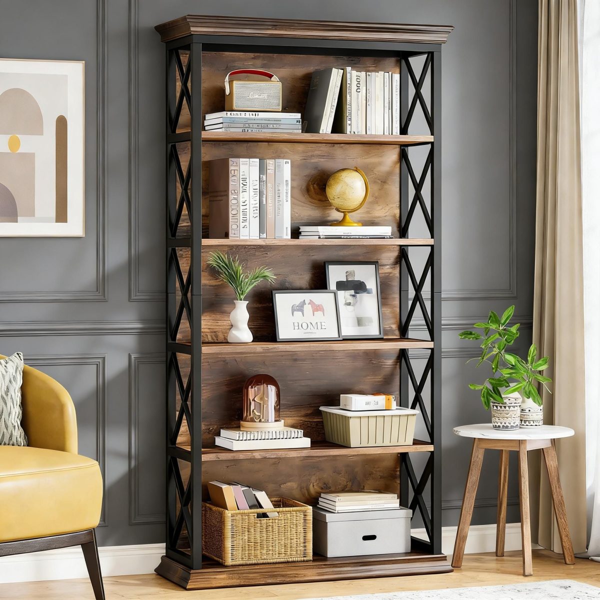 Bookshelf, BEtagere Metal and Wooden Bookcase for Home Office - Image 2