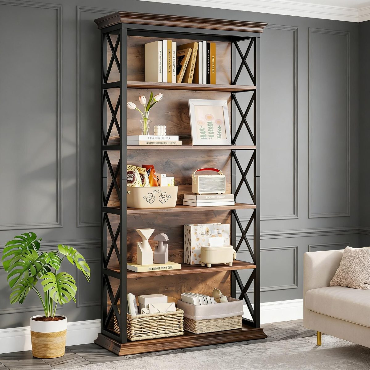 Bookshelf, BEtagere Metal and Wooden Bookcase for Home Office - Image 3