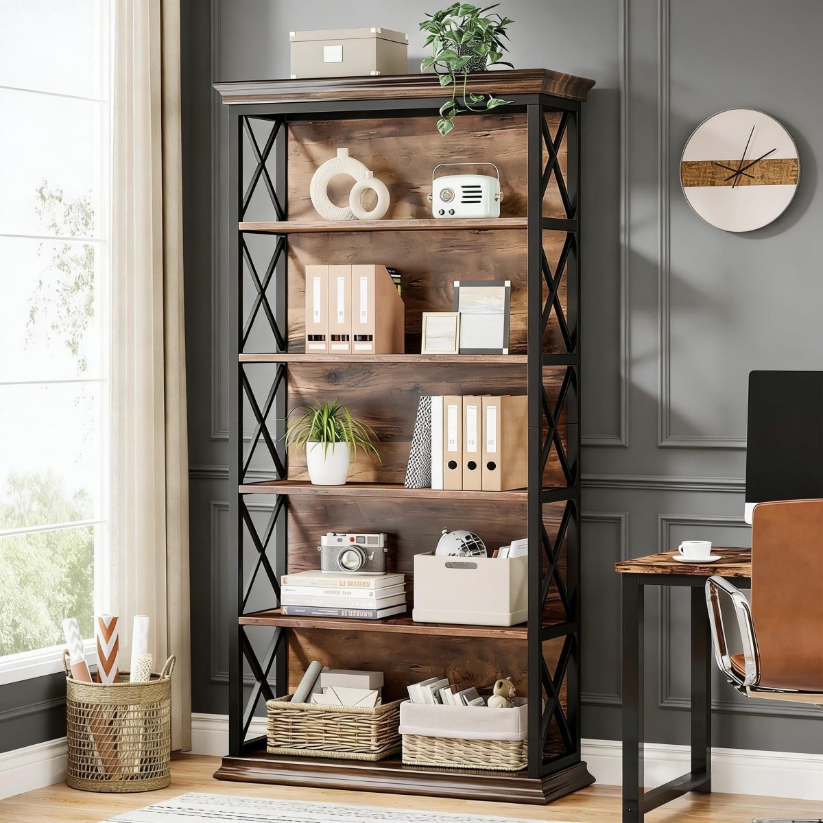 Bookshelf, BEtagere Metal and Wooden Bookcase for Home Office - Image 5