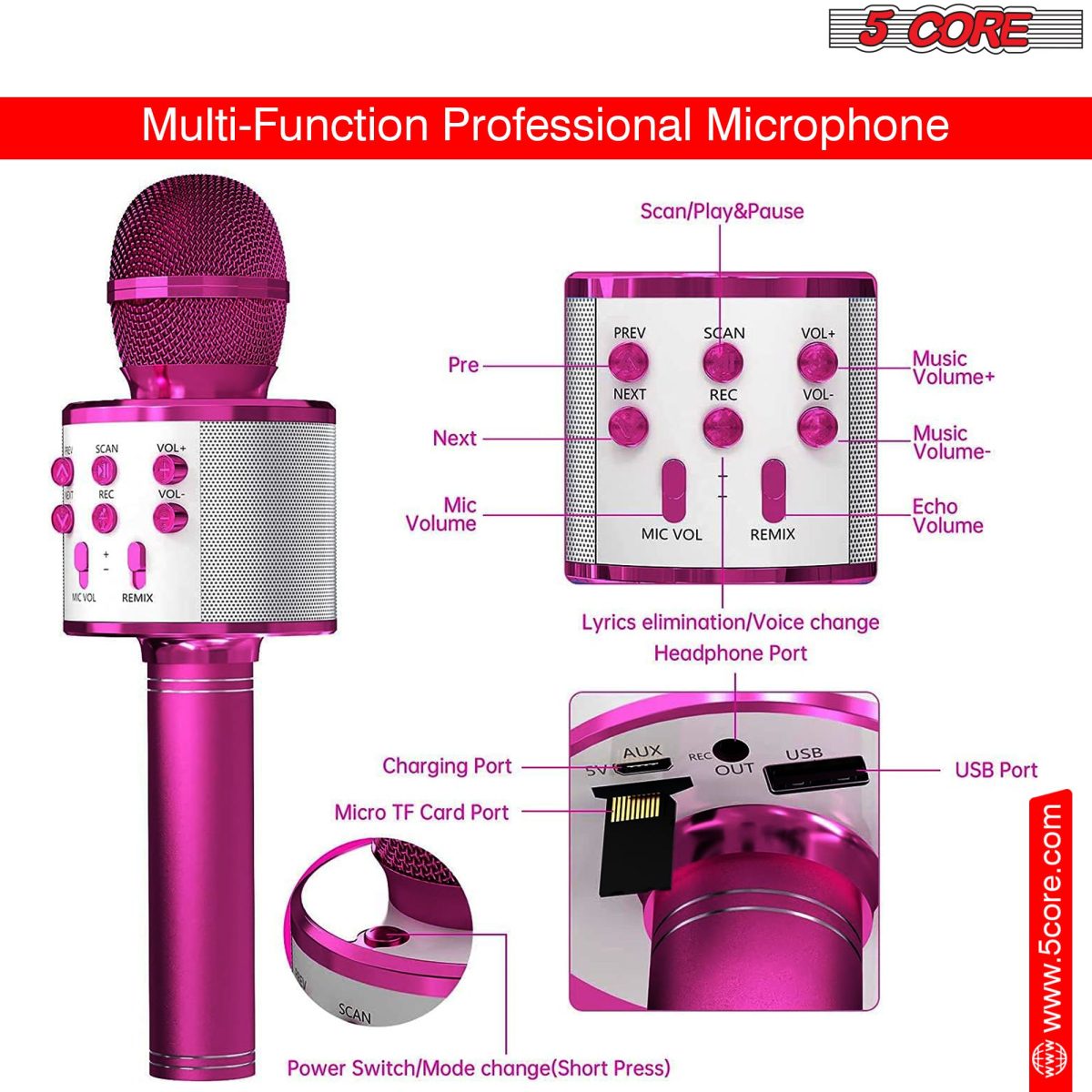 5 Core Microphone Wireless Karaoke Mic With Speaker 3 in 1 Portable Bluetooth Microfono Inalambrico - Image 3