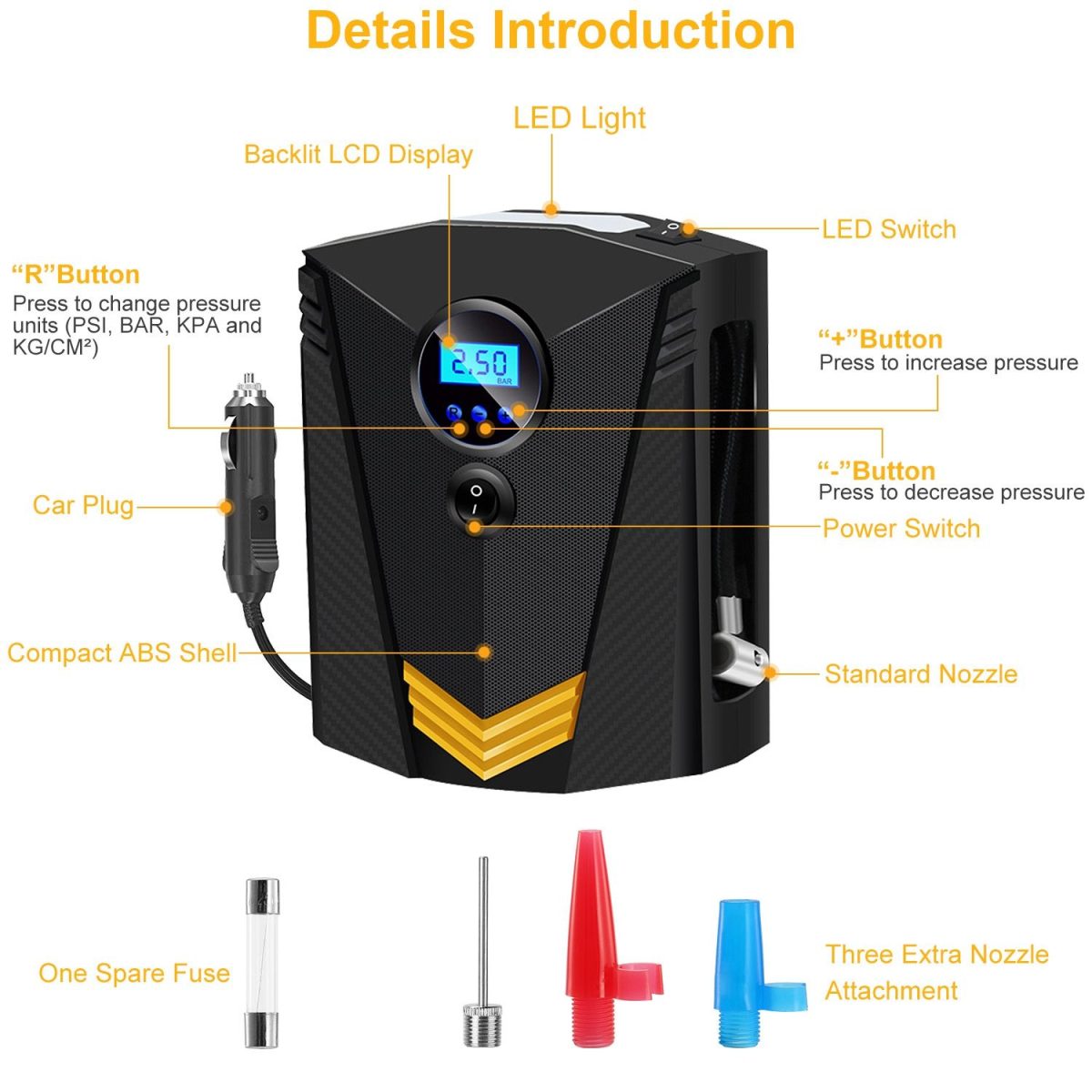 Tire Inflator 12V DC 100W 150PSI Digital Tire Pump w/LCD Display Electric Air Compressor Pump 20L/Min Air Flow - Image 2