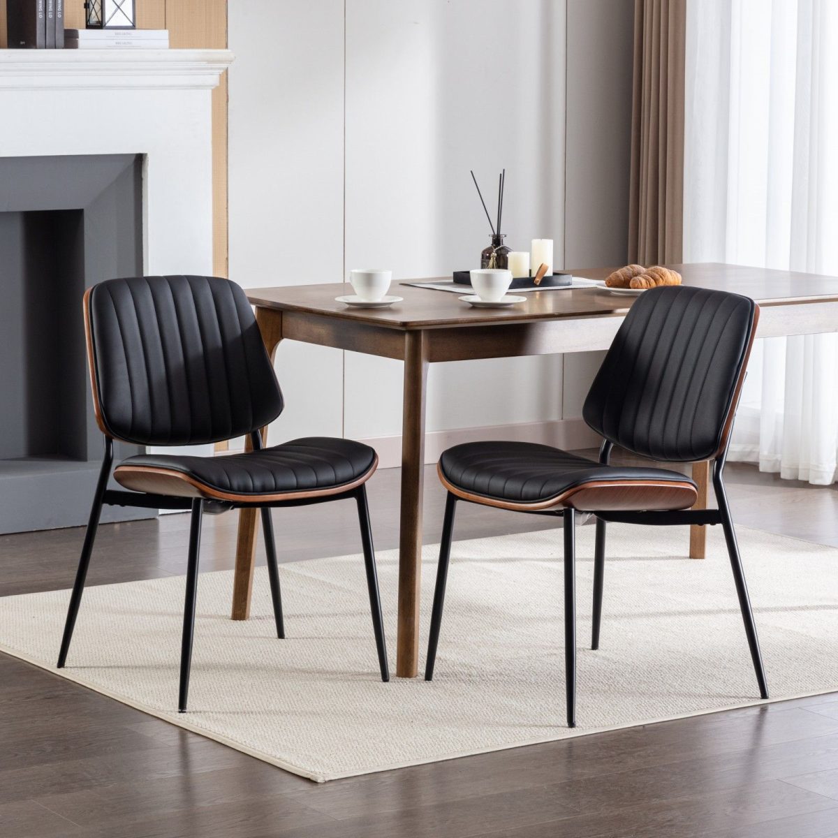 A&A Furniture, Dining Chairs Set of 2 Mid Century Modern Retro Faux Leather Chair with Walnut Bentwood Back Upholstered Seat Metal Legs Adjustable Foot for Kitchen Dining Room Chairs(Black PU) - Image 15