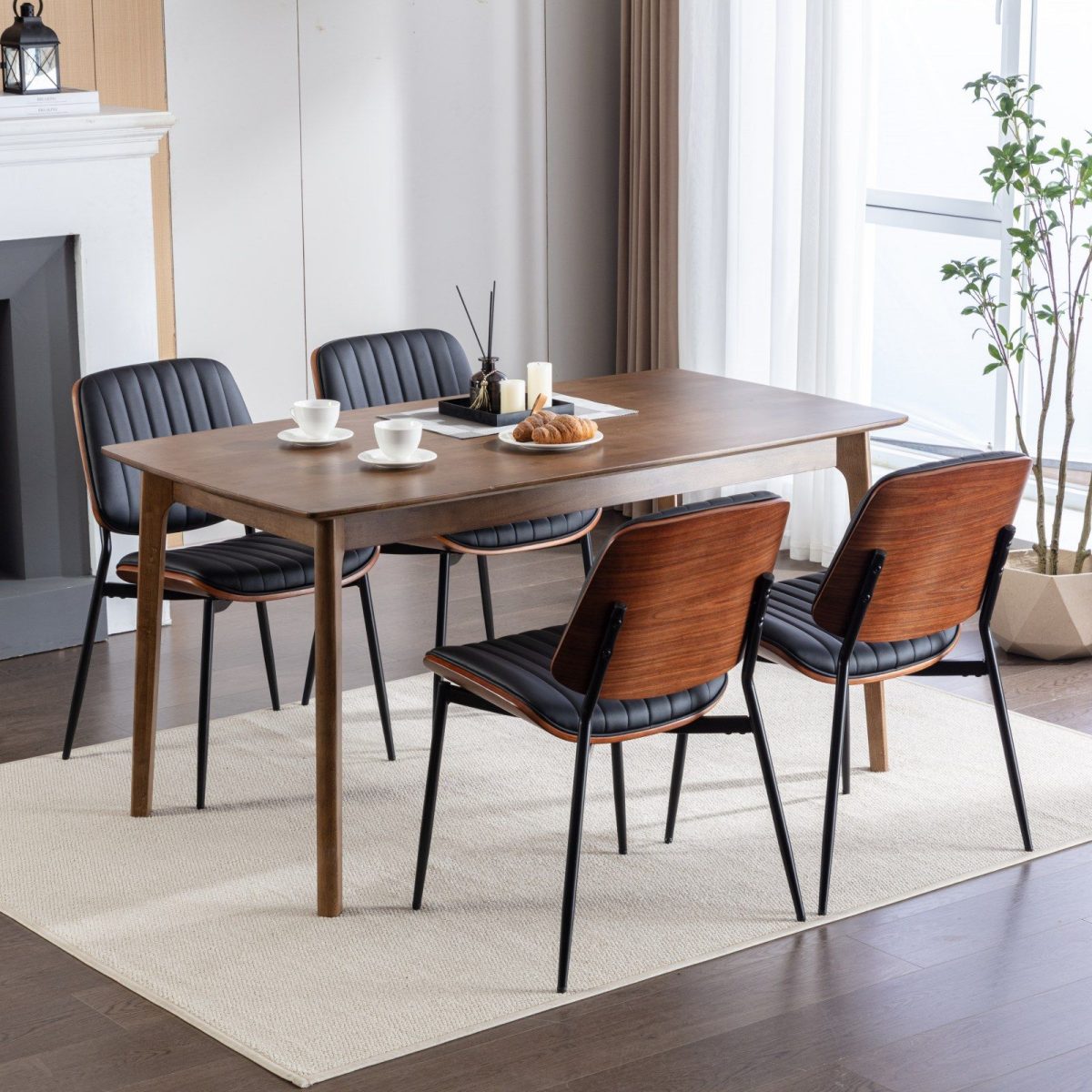 A&A Furniture, Dining Chairs Set of 2 Mid Century Modern Retro Faux Leather Chair with Walnut Bentwood Back Upholstered Seat Metal Legs Adjustable Foot for Kitchen Dining Room Chairs(Black PU) - Image 18