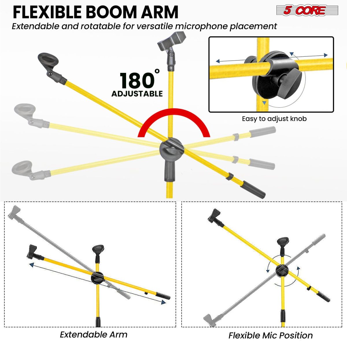 5 Core Mic Stand Floor Height Adjustable Tripod Microphone Stands w Extending Telescoping Boom Arm - MS DBL G - Image 13