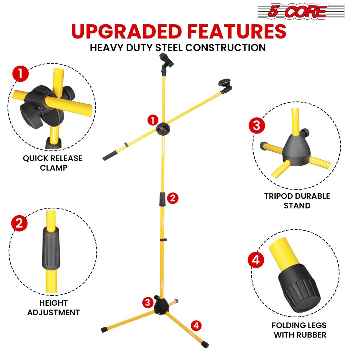 5 Core Mic Stand Floor Height Adjustable Tripod Microphone Stands w Extending Telescoping Boom Arm - MS DBL G - Image 16