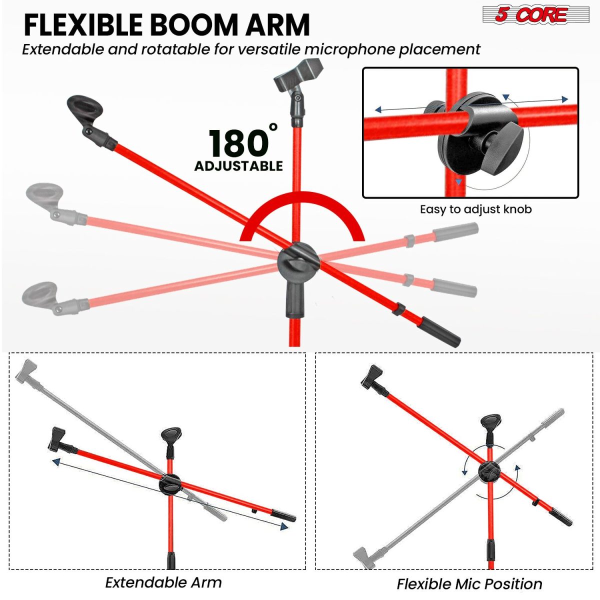 5 Core Mic Stand Floor Height Adjustable Tripod Microphone Stands w Extending Telescoping Boom Arm - MS DBL G - Image 32