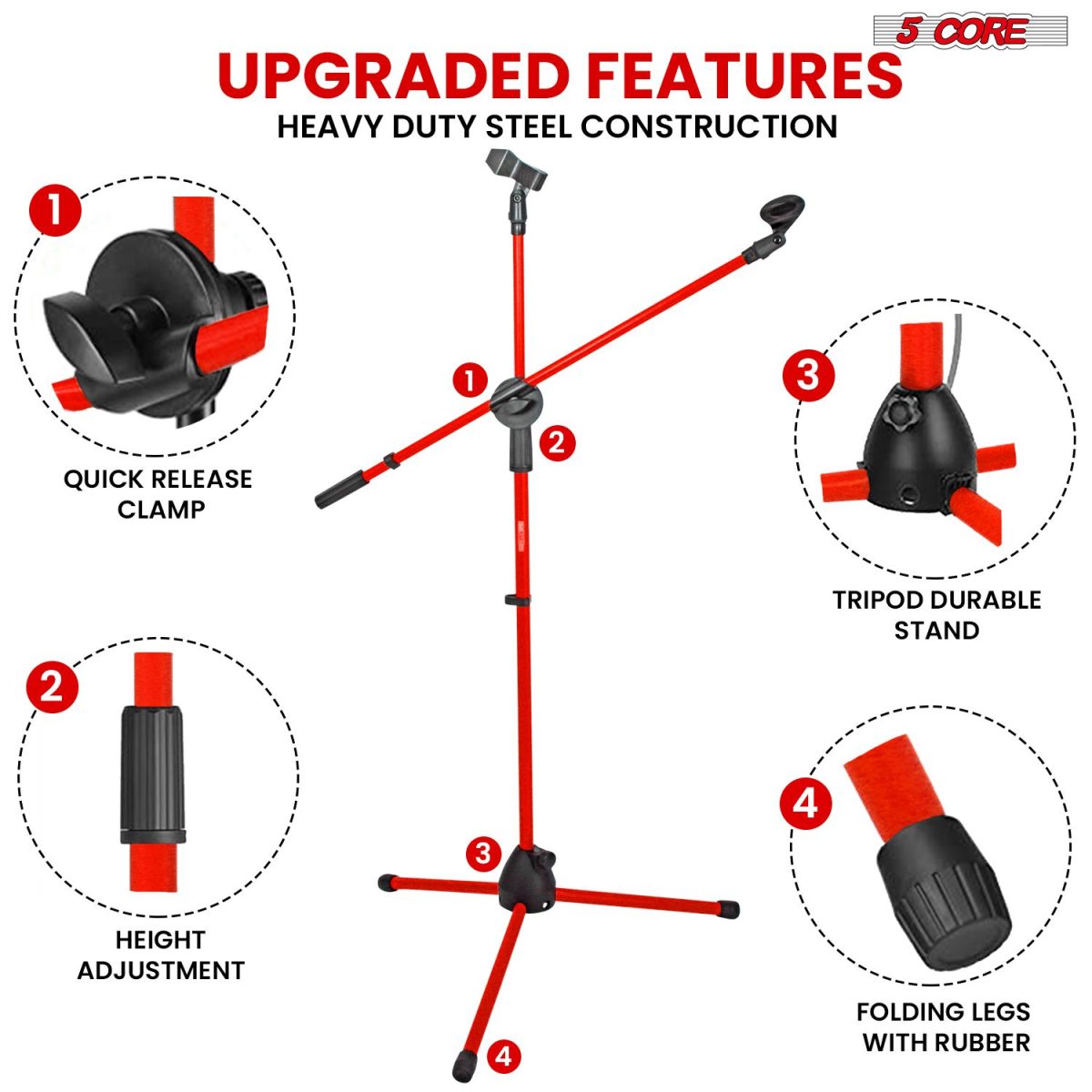 5 Core Mic Stand Floor Height Adjustable Tripod Microphone Stands w Extending Telescoping Boom Arm - MS DBL G - Image 35