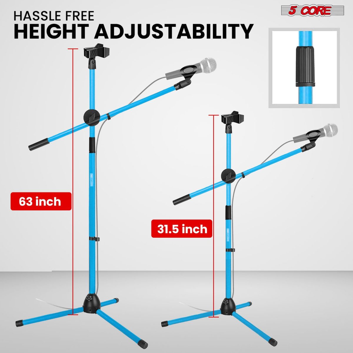 5 Core Mic Stand Floor Height Adjustable Tripod Microphone Stands w Extending Telescoping Boom Arm - MS DBL G - Image 2