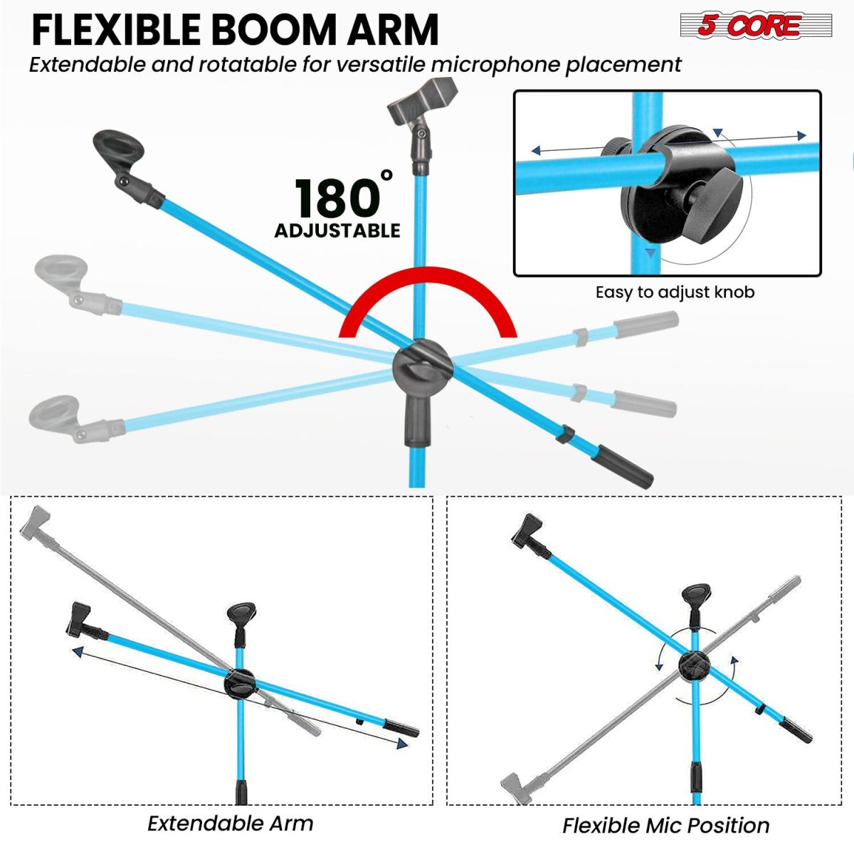 5 Core Mic Stand Floor Height Adjustable Tripod Microphone Stands w Extending Telescoping Boom Arm - MS DBL G - Image 3