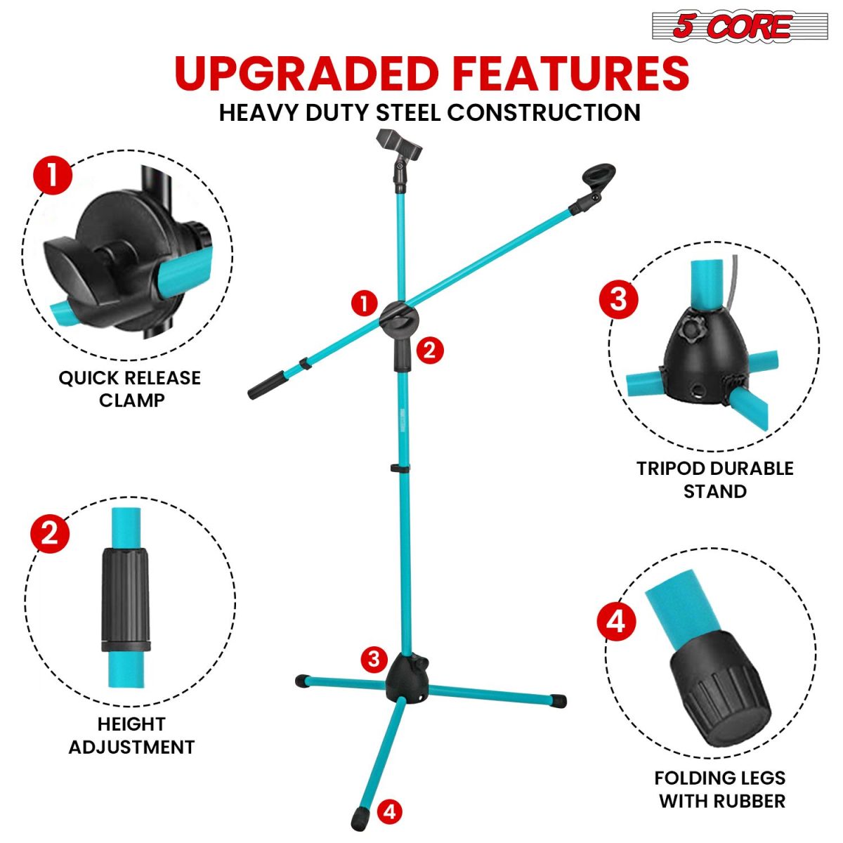 5 Core Mic Stand Floor Height Adjustable Tripod Microphone Stands w Extending Telescoping Boom Arm - MS DBL G - Image 6
