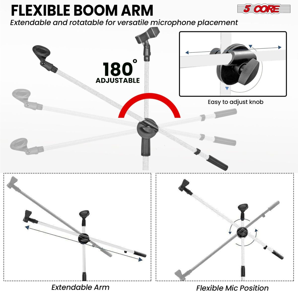 5 Core Mic Stand Floor Height Adjustable Tripod Microphone Stands w Extending Telescoping Boom Arm - MS DBL G - Image 42