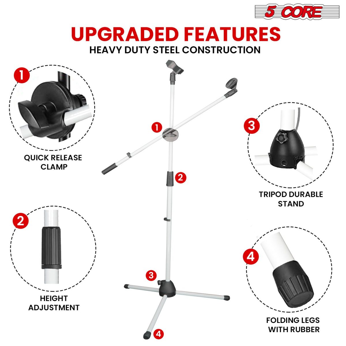 5 Core Mic Stand Floor Height Adjustable Tripod Microphone Stands w Extending Telescoping Boom Arm - MS DBL G - Image 45