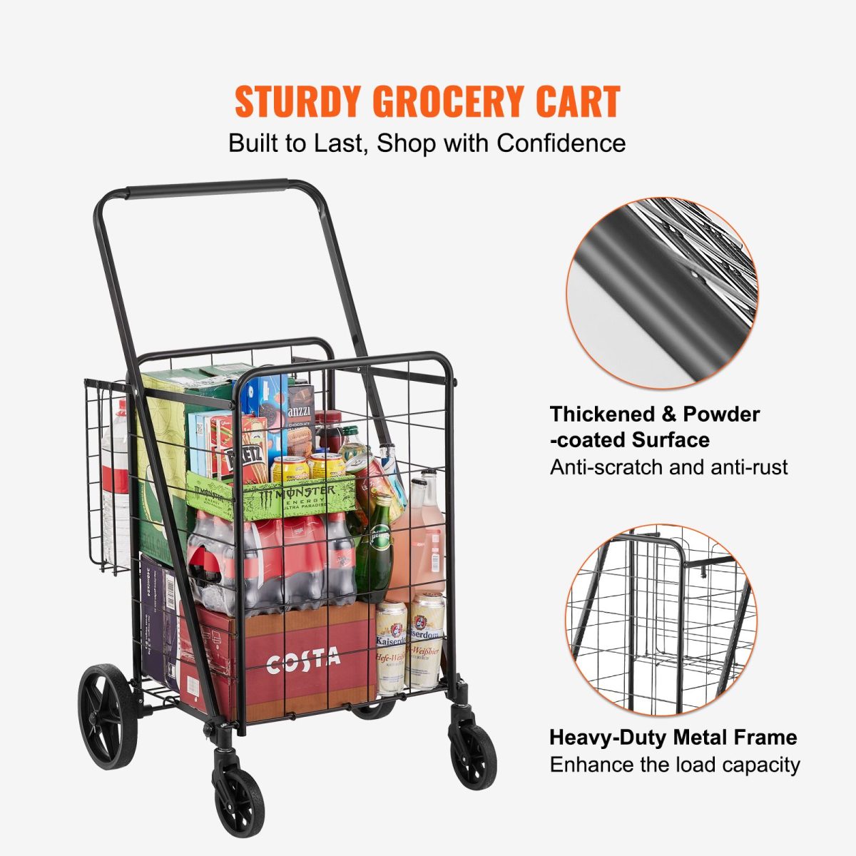 Folding Shopping Cart, Jumbo Grocery Cart with Double Baskets, 360° Swivel Wheels, Heavy Duty Utility Cart, 110 LBS Large Capacity Utility Cart for Laundry, Shopping, Grocery, Luggage - Image 2