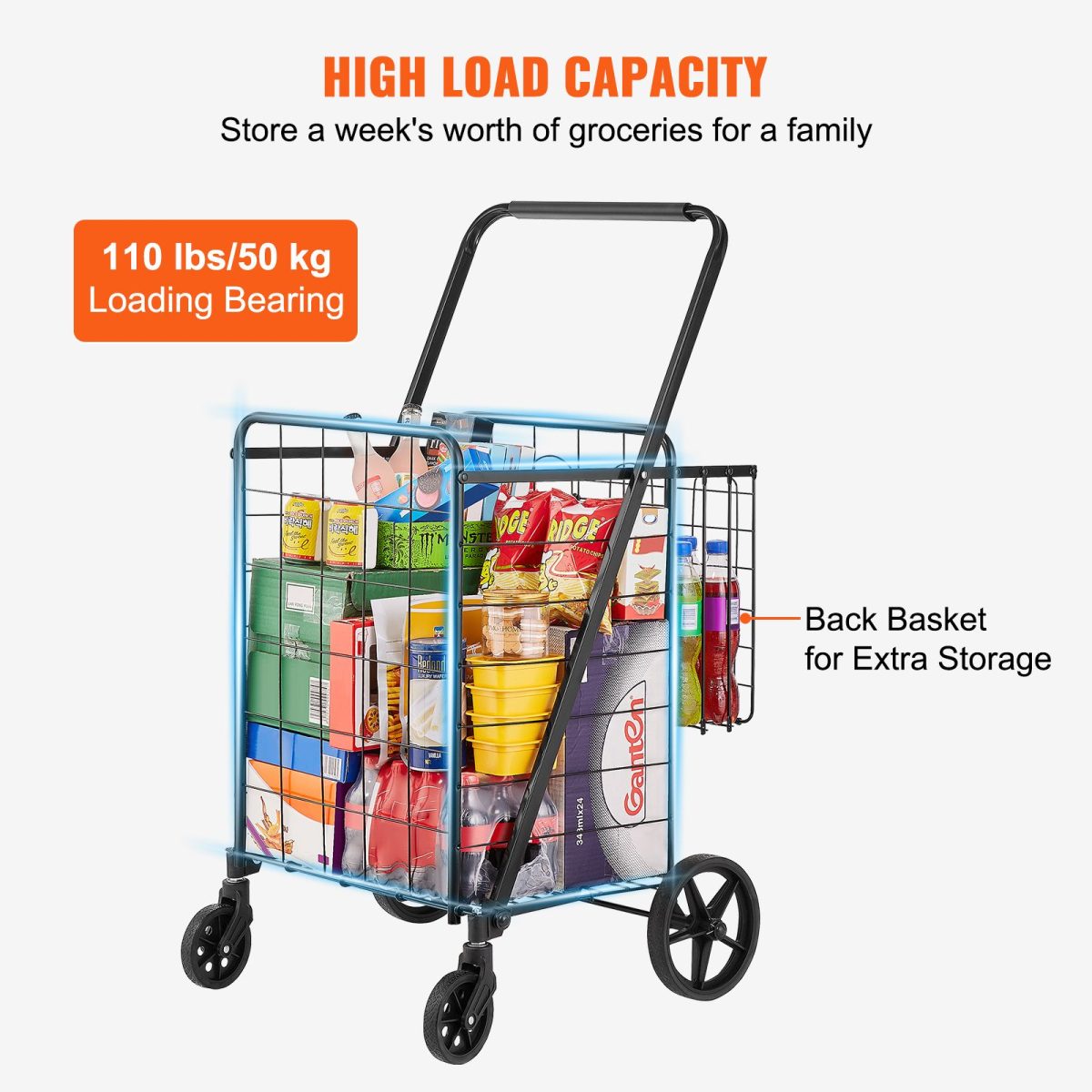 Folding Shopping Cart, Jumbo Grocery Cart with Double Baskets, 360° Swivel Wheels, Heavy Duty Utility Cart, 110 LBS Large Capacity Utility Cart for Laundry, Shopping, Grocery, Luggage - Image 3