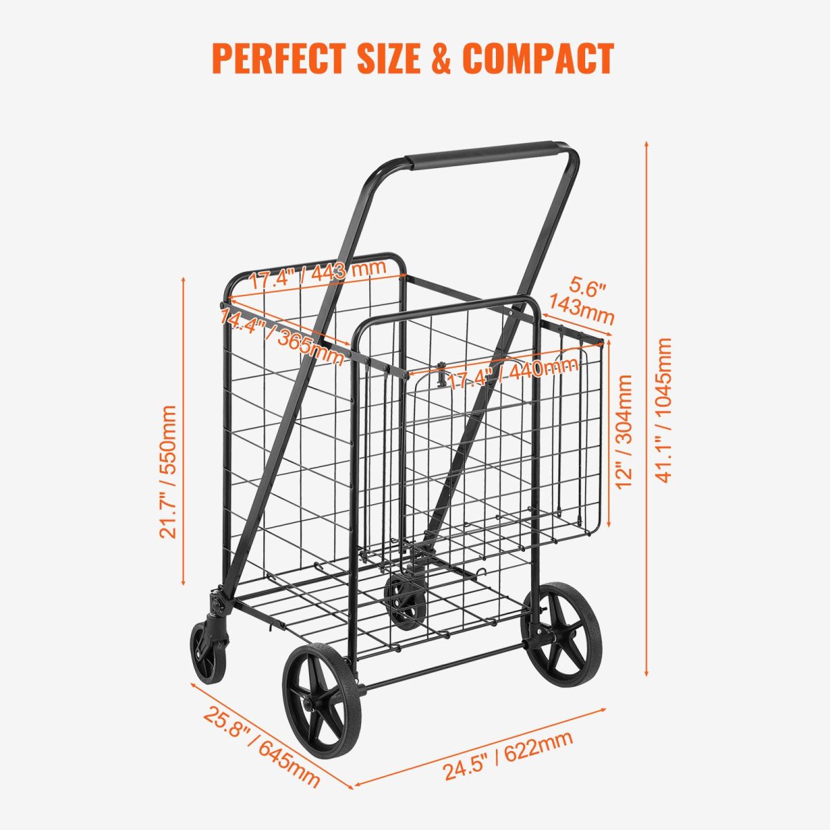 Folding Shopping Cart, Jumbo Grocery Cart with Double Baskets, 360° Swivel Wheels, Heavy Duty Utility Cart, 110 LBS Large Capacity Utility Cart for Laundry, Shopping, Grocery, Luggage - Image 6
