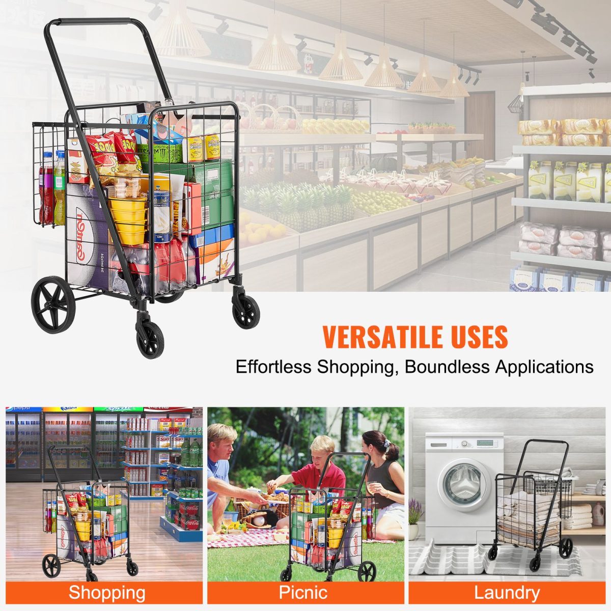Folding Shopping Cart, Jumbo Grocery Cart with Double Baskets, 360° Swivel Wheels, Heavy Duty Utility Cart, 110 LBS Large Capacity Utility Cart for Laundry, Shopping, Grocery, Luggage - Image 7