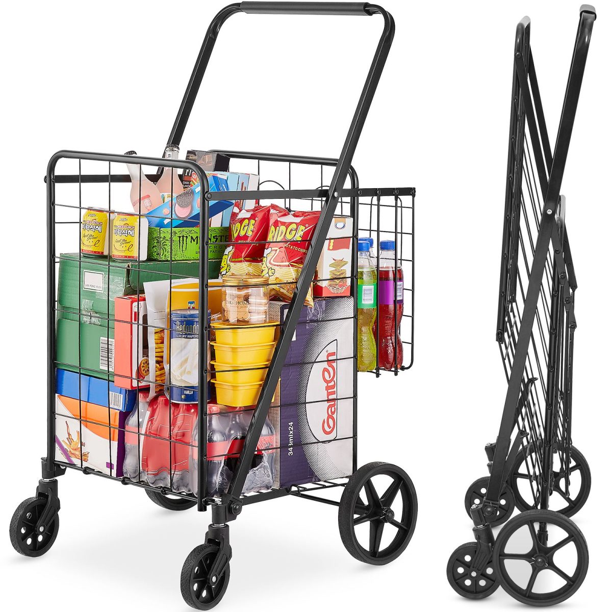 Folding Shopping Cart, Jumbo Grocery Cart with Double Baskets, 360° Swivel Wheels, Heavy Duty Utility Cart, 110 LBS Large Capacity Utility Cart for Laundry, Shopping, Grocery, Luggage - Image 9