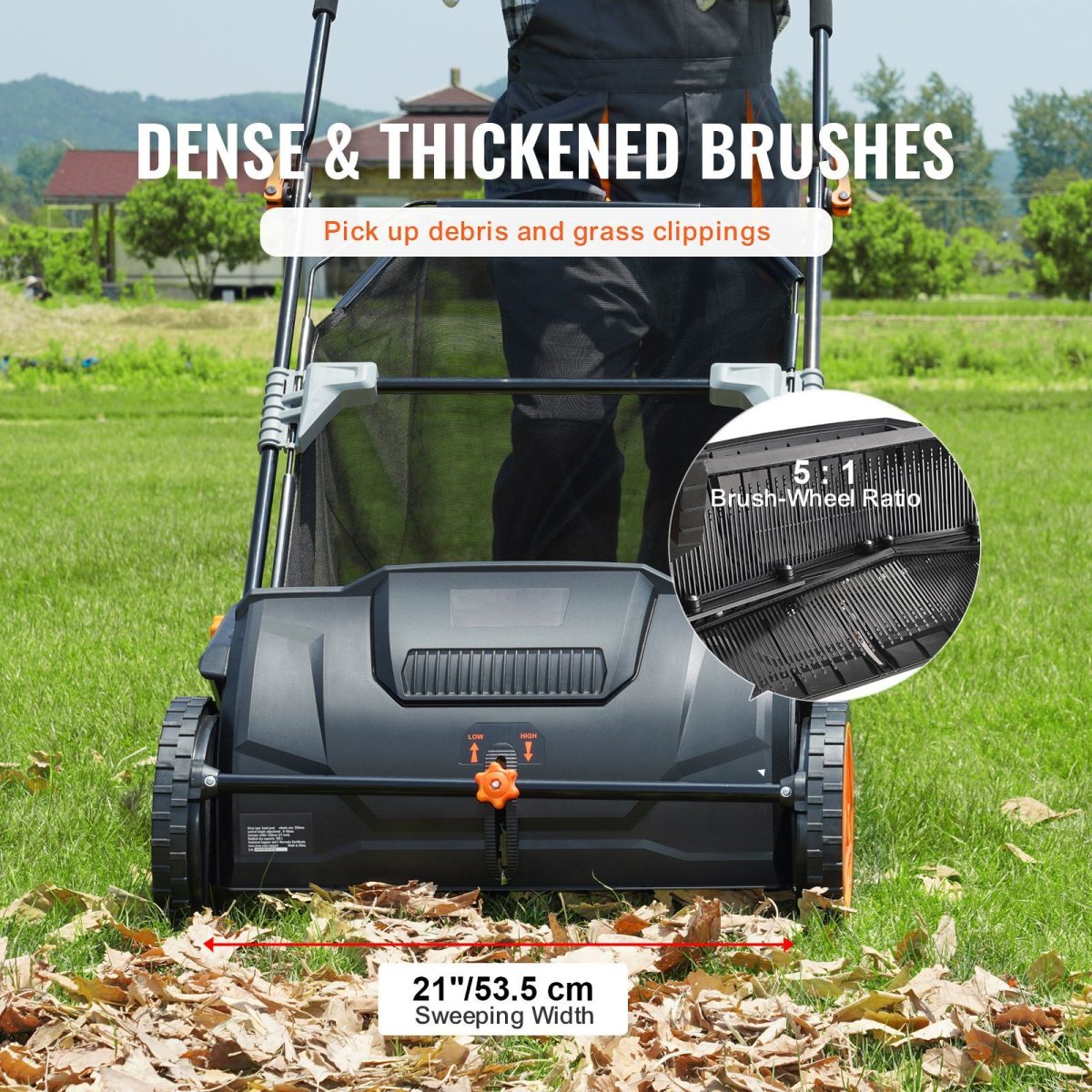 Push Lawn Sweeper, 21inch Leaf & Grass Collector, Strong Plastic Wheels & Heavy Duty Thickened Steel Durable to Use with Large Capacity 3.5 cu. ft. Mesh Collection Hopper Bag, 2 Spinning Brushes - Image 2