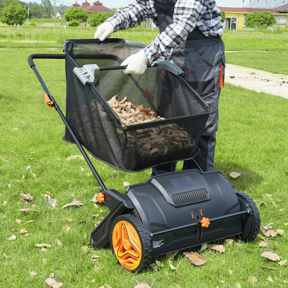Push Lawn Sweeper, 21inch Leaf & Grass Collector, Strong Plastic Wheels & Heavy Duty Thickened Steel Durable to Use with Large Capacity 3.5 cu. ft. Mesh Collection Hopper Bag, 2 Spinning Brushes - Image 4