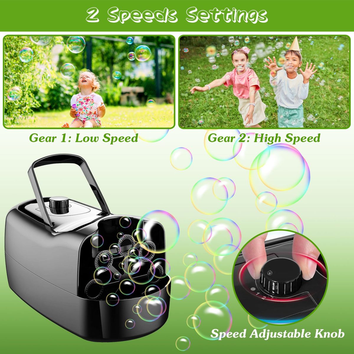 Bubble Maker Automatic Bubble Blower Portable Bubble Blowing Machine with 2 Speeds Handle 3000-4000 Bubbles Per Minute Plug-In Battery Powered - Image 3
