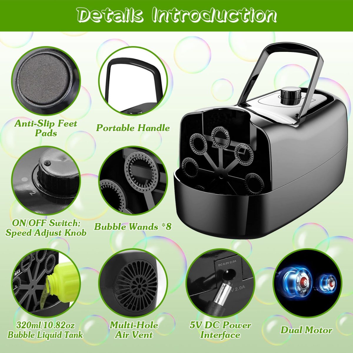 Bubble Maker Automatic Bubble Blower Portable Bubble Blowing Machine with 2 Speeds Handle 3000-4000 Bubbles Per Minute Plug-In Battery Powered - Image 5
