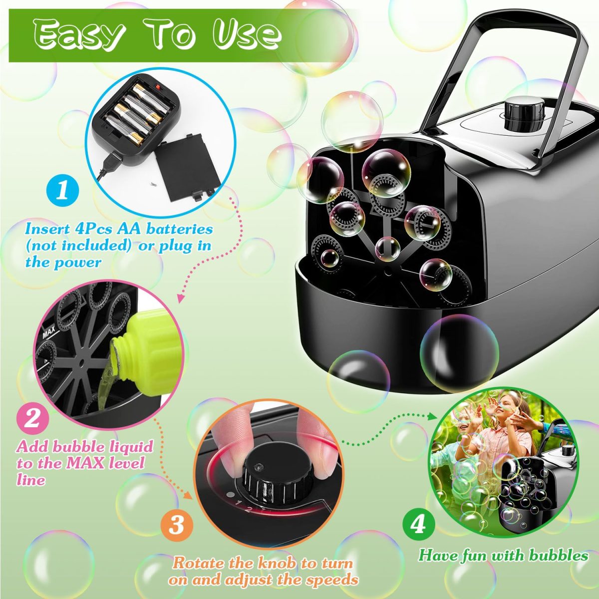 Bubble Maker Automatic Bubble Blower Portable Bubble Blowing Machine with 2 Speeds Handle 3000-4000 Bubbles Per Minute Plug-In Battery Powered - Image 7
