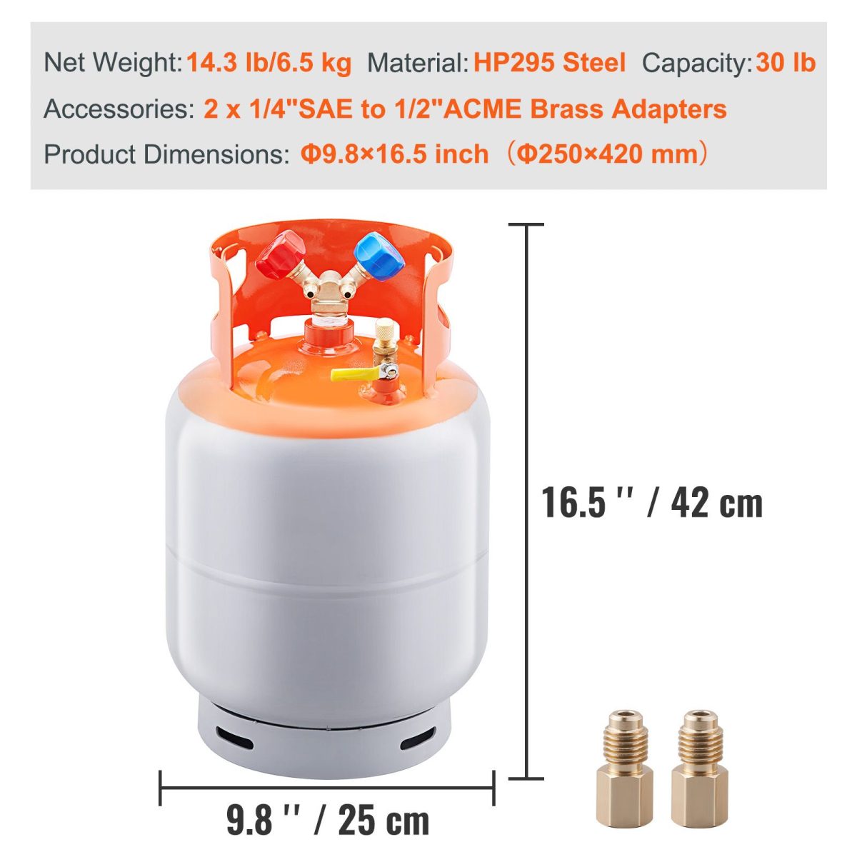 Refrigerant Recovery Tank, 30 LBS Capacity, 400 psi Portable Cylinder Tank with Y-Valve for Liquid/Vapor, High-sealing Recovery Can for R22/R134A/R410A, Orange+Gray - Image 4