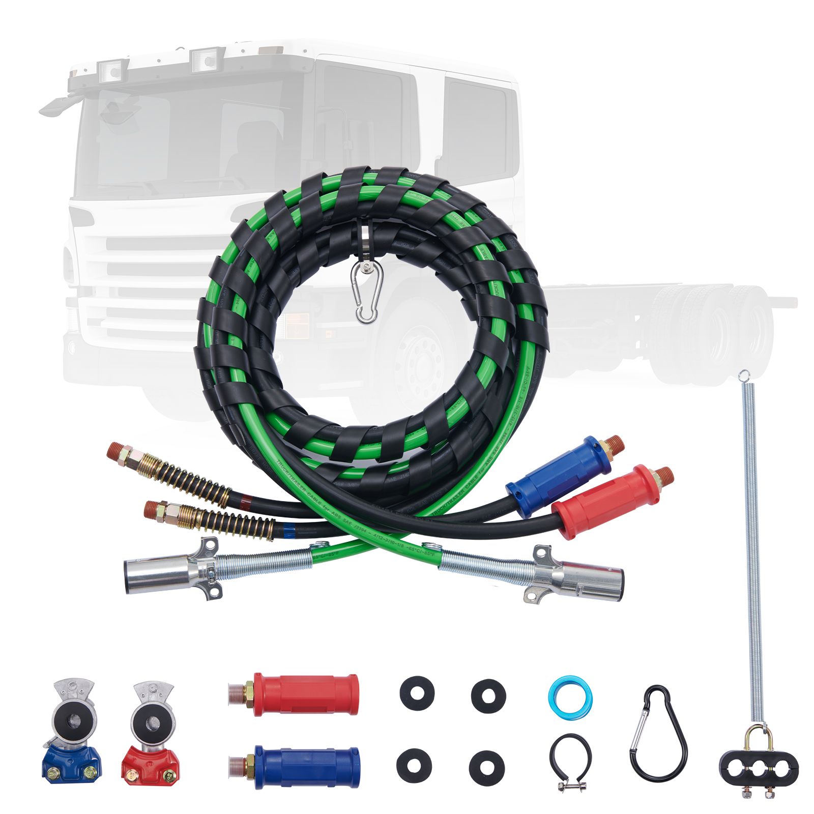 d0102hpcnmp.jpg 12FT Semi Truck Air Lines Kit with 2PCS Glad Hands, 3-in-1 Air Hoses & 7 Way ABS Electric Power Line, with 2PCS Gladhand Handles, 4PCS Seals and Tender Spring Kit for Semi Truck Trailer Tractor - Image 1