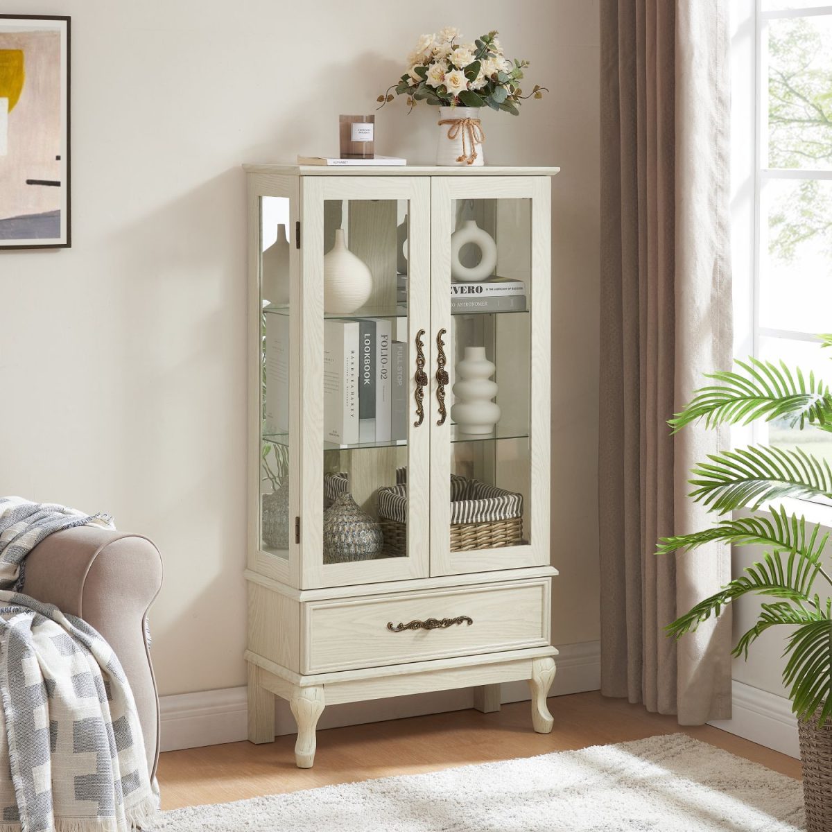 Curio Cabinet Lighted Glass Cabinet Glass Wine Cabinet Curio Display Cabinet with Adjustable Glass Shelves 2 Doors and 1 drawer Cabinet Sideboard With Bulb Included Antique White - Image 4