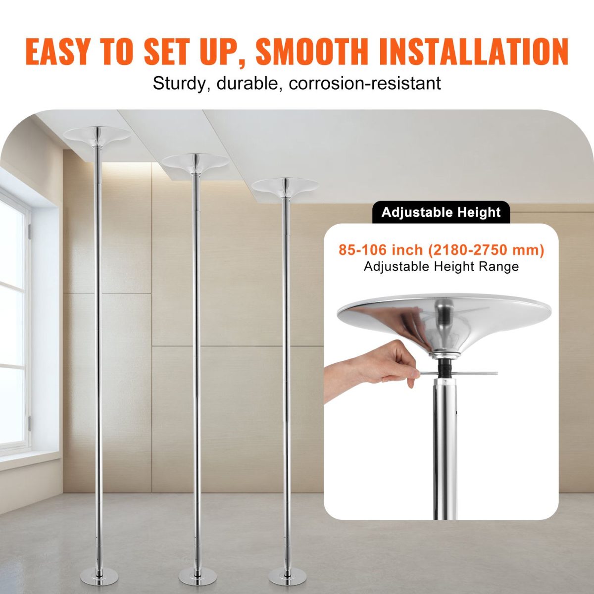 Professional Dancing Pole, Spinning Static Dancing Pole Kit, Portable Removable Pole, 45mm Heavy-Duty Stainless Steel Pole, Height Adjustable Fitness Pole, for Exercise Home Club Gym, Silver - Image 3