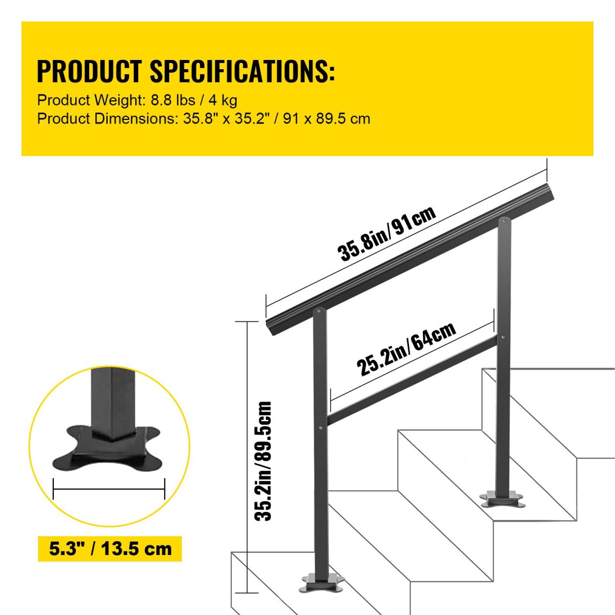 Outdoor Handrail 165LBS Load Handrail Outdoor Stairs Aluminum Stair Handrail 36 x 35" Outdoor Stair Railing Transitional Range from 0 to 30° Staircase Handrail Fits 2-3 Steps with Screw Kit - Image 4