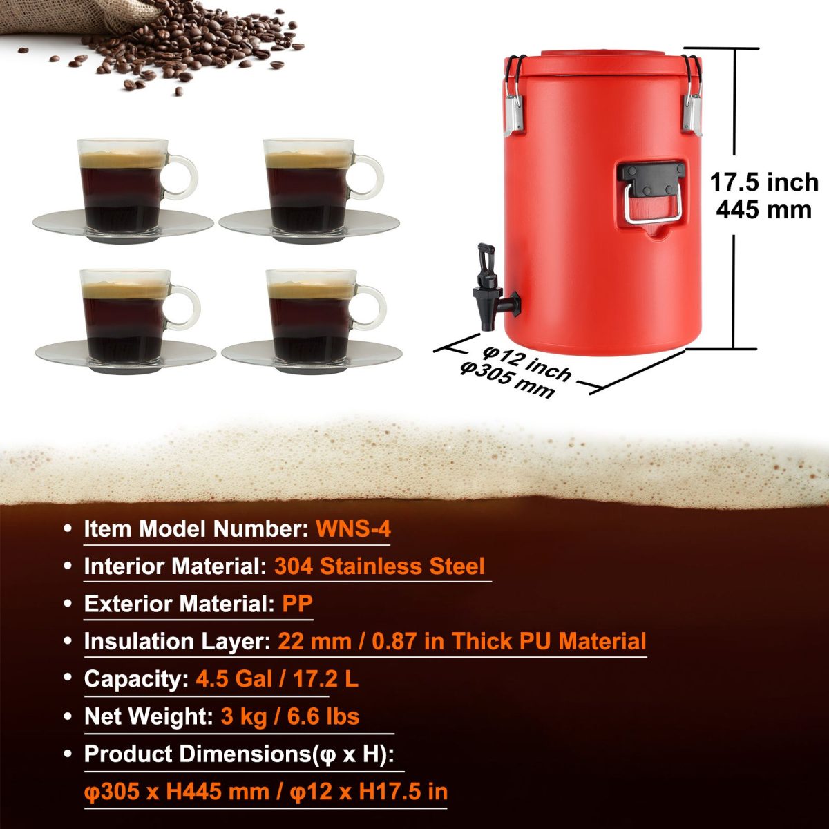 Stainless Steel Insulated Beverage Dispenser, 4.5 Gallon 17.2 Liter, Thermal Hot and Cold Drink Server Dispenser with Spigot Handle, Food-grade for Hot Tea Coffee Water Restaurant Drink Shop - Image 7