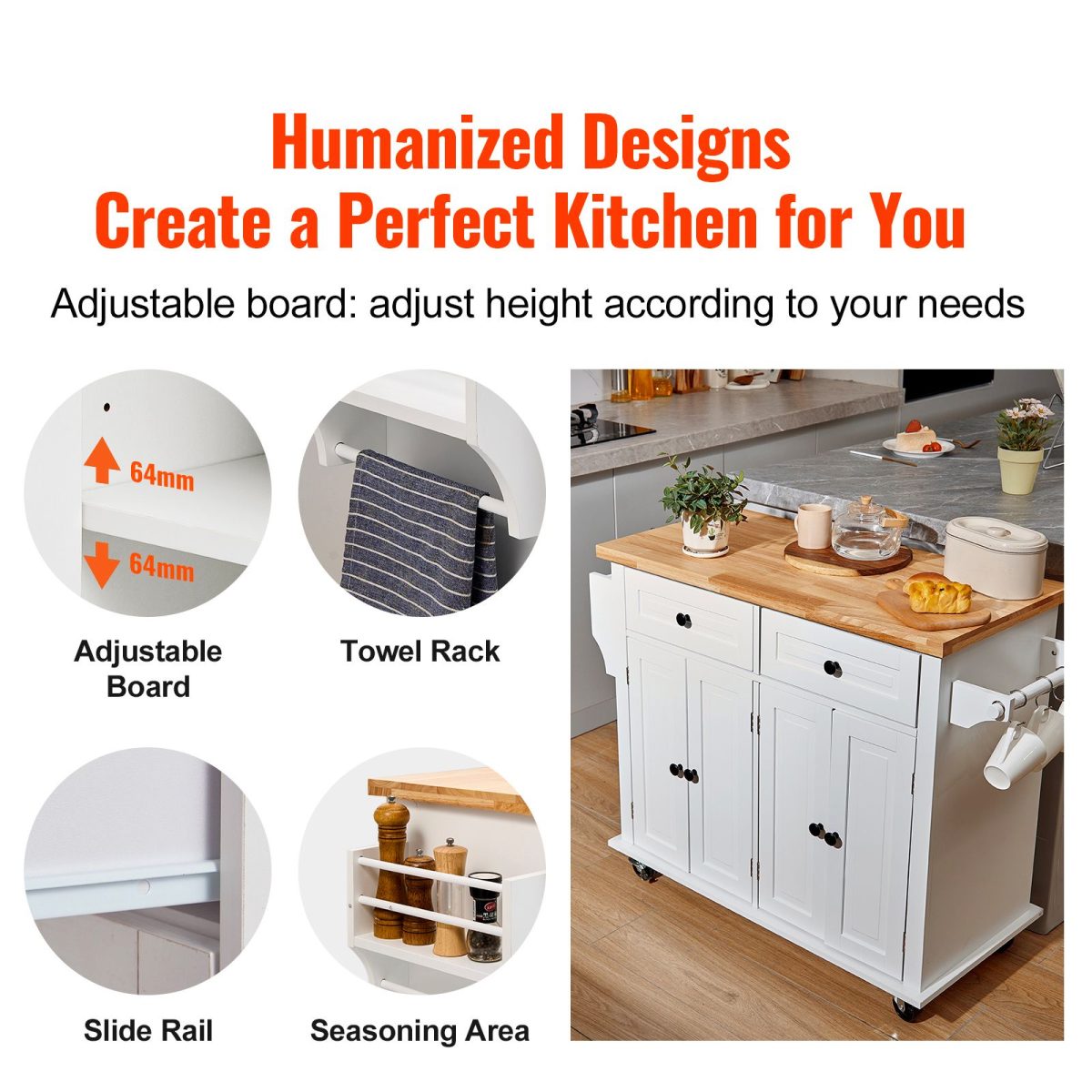 Kitchen Island Cart with Solid Wood Top, 35.4" Width Mobile Carts with Storage Cabinet, Rolling Kitchen Table with Spice Rack, Towel Rack, and Drawer, Portable Islands on Wheels, White - Image 2
