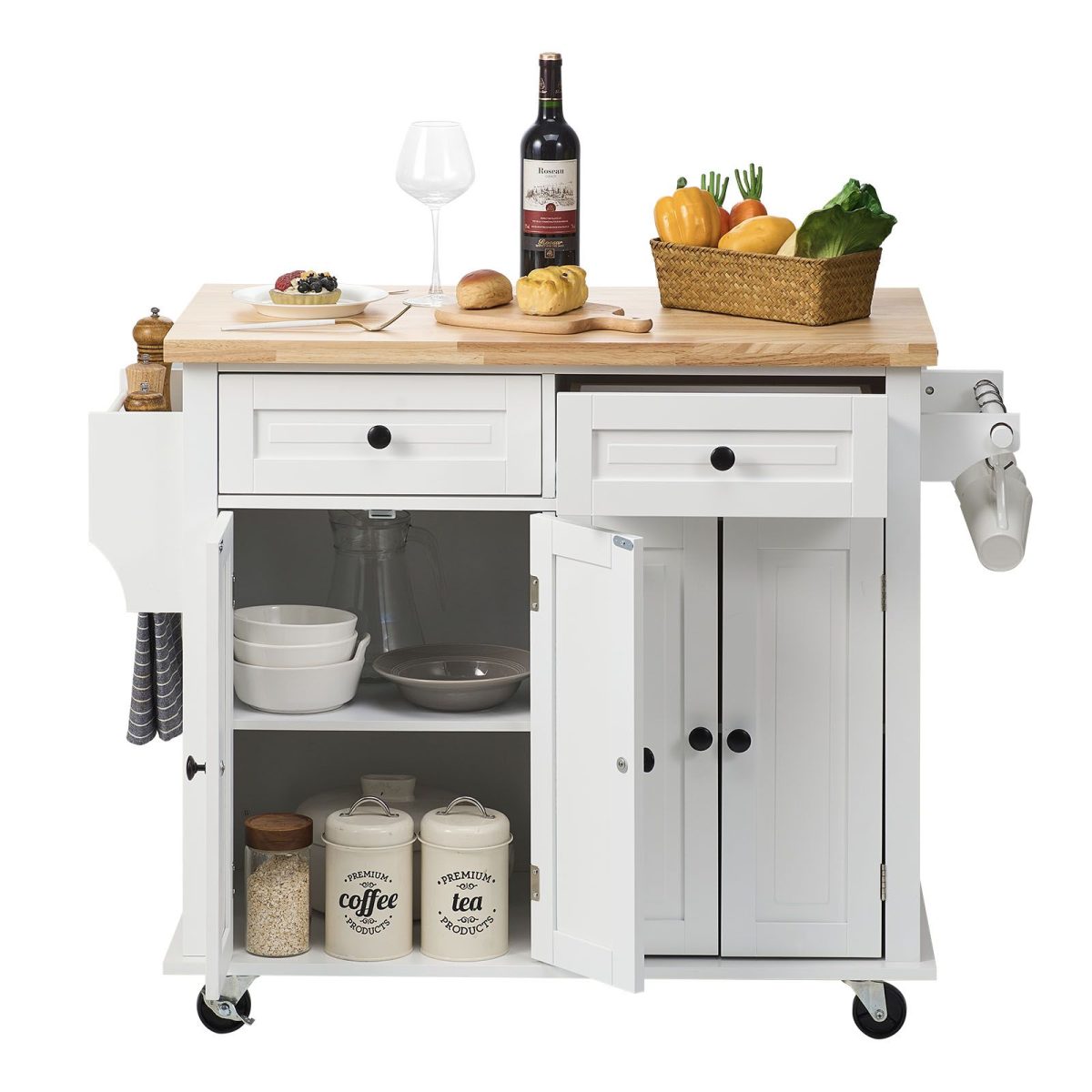 Kitchen Island Cart with Solid Wood Top, 35.4" Width Mobile Carts with Storage Cabinet, Rolling Kitchen Table with Spice Rack, Towel Rack, and Drawer, Portable Islands on Wheels, White - Image 11