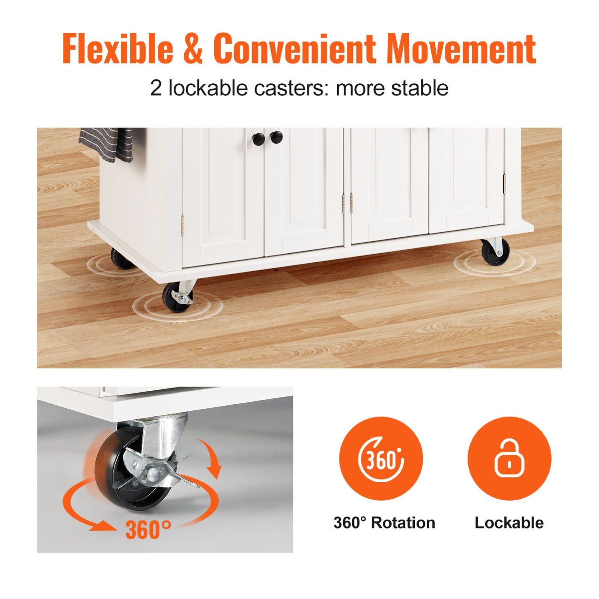 Kitchen Island Cart with Solid Wood Top, 35.4" Width Mobile Carts with Storage Cabinet, Rolling Kitchen Table with Spice Rack, Towel Rack, and Drawer, Portable Islands on Wheels, White - Image 3