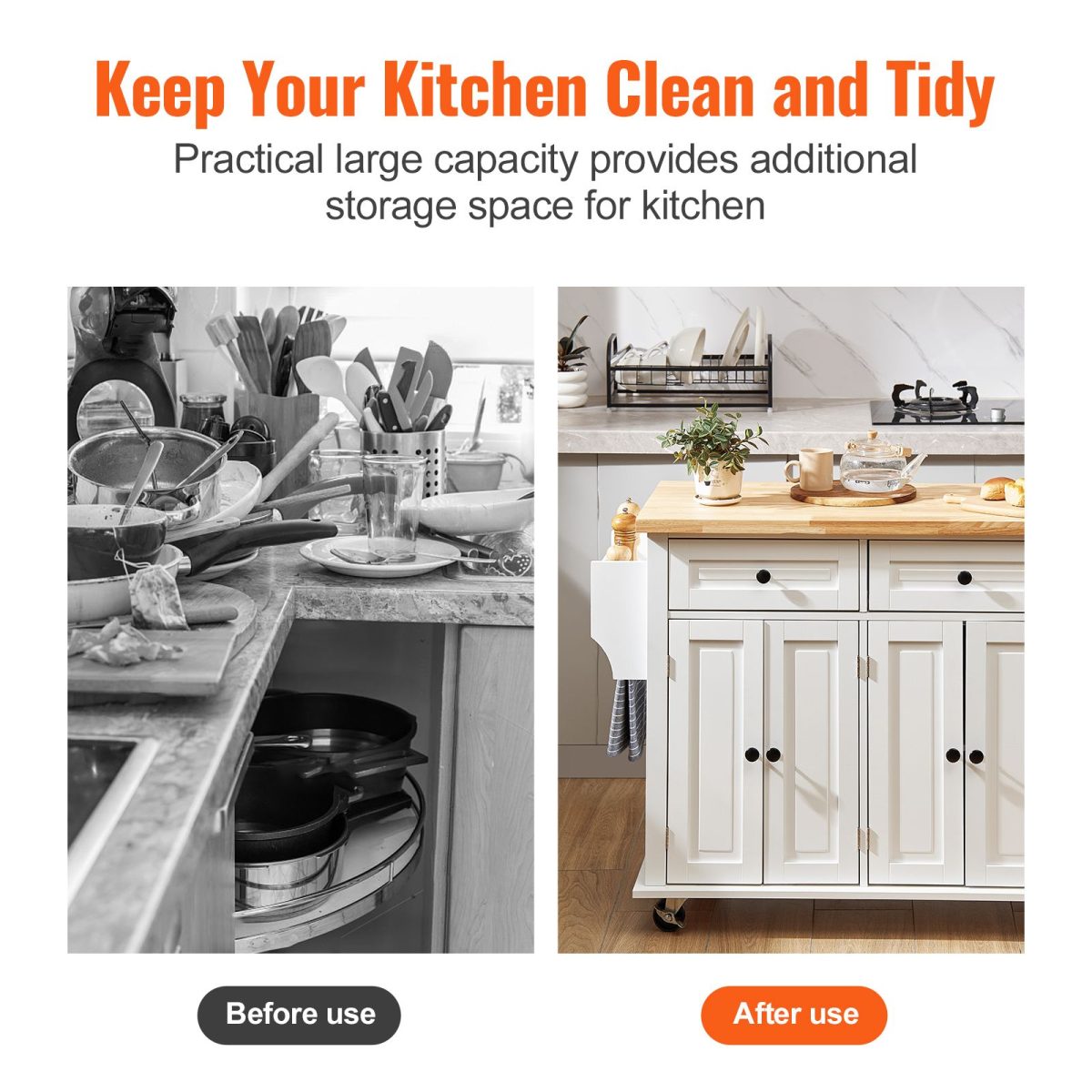 Kitchen Island Cart with Solid Wood Top, 35.4" Width Mobile Carts with Storage Cabinet, Rolling Kitchen Table with Spice Rack, Towel Rack, and Drawer, Portable Islands on Wheels, White - Image 4