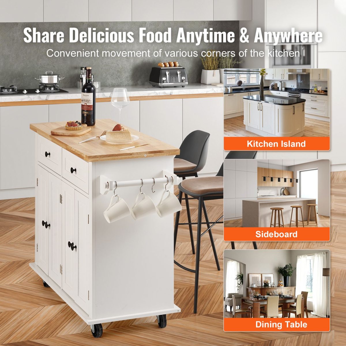 Kitchen Island Cart with Solid Wood Top, 35.4" Width Mobile Carts with Storage Cabinet, Rolling Kitchen Table with Spice Rack, Towel Rack, and Drawer, Portable Islands on Wheels, White - Image 5