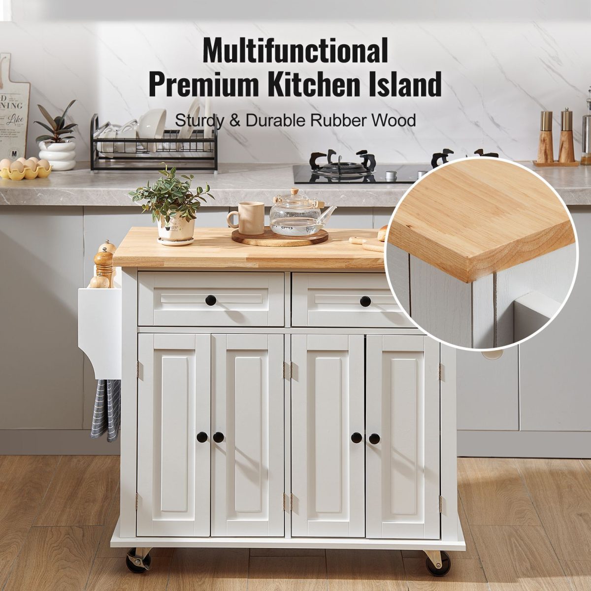 Kitchen Island Cart with Solid Wood Top, 35.4" Width Mobile Carts with Storage Cabinet, Rolling Kitchen Table with Spice Rack, Towel Rack, and Drawer, Portable Islands on Wheels, White - Image 6