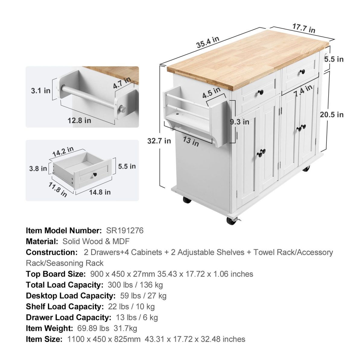 Kitchen Island Cart with Solid Wood Top, 35.4" Width Mobile Carts with Storage Cabinet, Rolling Kitchen Table with Spice Rack, Towel Rack, and Drawer, Portable Islands on Wheels, White - Image 7
