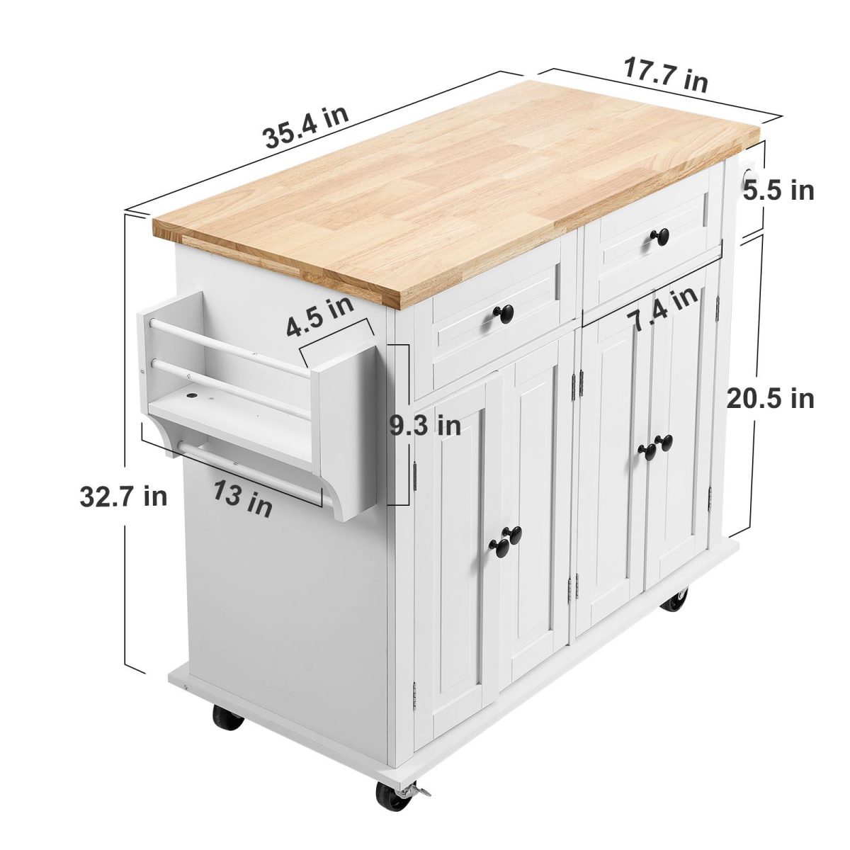 Kitchen Island Cart with Solid Wood Top, 35.4" Width Mobile Carts with Storage Cabinet, Rolling Kitchen Table with Spice Rack, Towel Rack, and Drawer, Portable Islands on Wheels, White - Image 8