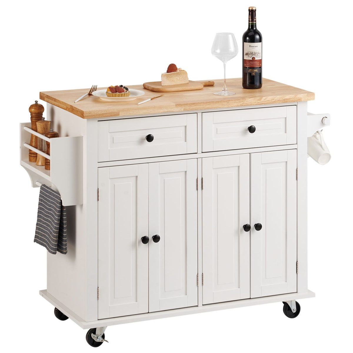 Kitchen Island Cart with Solid Wood Top, 35.4" Width Mobile Carts with Storage Cabinet, Rolling Kitchen Table with Spice Rack, Towel Rack, and Drawer, Portable Islands on Wheels, White - Image 9